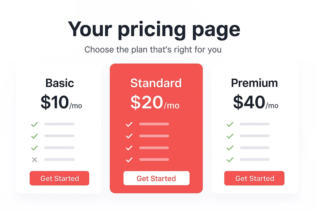 Pricing tiers showing different prices and products.